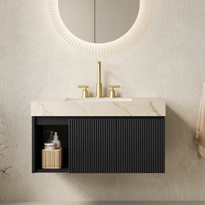36 Inch Vanity and Sink, Floating Storage Cabinet Vein Sintered Stone Top and Ceramic Basin with Pre Drilled Faucet 36 Inch Vanity and Sink, Floating Storage Cabinet Vein Sintered Stone Top and Ceramic Basin with Pre Drilled Faucet