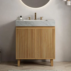 30 Inch Vanity and Sink, Freestanding Cabinet Carrara Vein Sintered Stone Top and Ceramic Basin with Pre Drilled Faucet 30 Inch Vanity and Sink, Freestanding Cabinet Carrara Vein Sintered Stone Top and Ceramic Basin with Pre Drilled Faucet