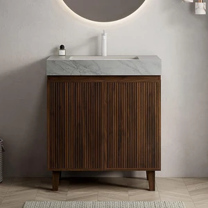 30 Inch Vanity and Sink, Freestanding Cabinet Carrara Vein Sintered Stone Top and Ceramic Basin with Pre Drilled Faucet
