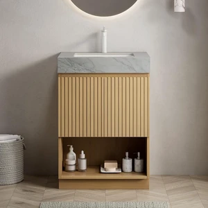 24 Inch Vanity and Sink, Freestanding Cabinet Carrara Vein Sintered Stone Top and Ceramic Basin with Pre Drilled Faucet 24 Inch Vanity and Sink, Freestanding Cabinet Carrara Vein Sintered Stone Top and Ceramic Basin with Pre Drilled Faucet
