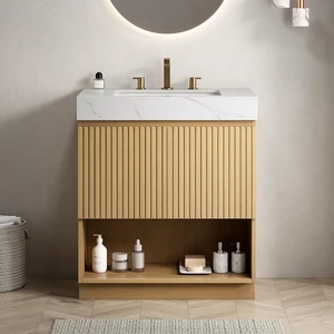 30 Inch Vanity and Sink, Freestanding Cabinet Carrara Sintered Stone Top and Ceramic Basin with Pre Drilled Faucet 30 Inch Vanity and Sink, Freestanding Cabinet Carrara Sintered Stone Top and Ceramic Basin with Pre Drilled Faucet
