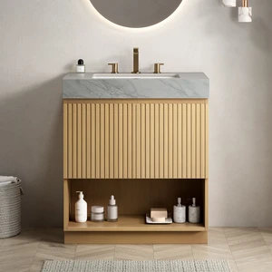 30 Inch Vanity and Sink, Freestanding Cabinet Carrara Vein Sintered Stone Top and Ceramic Basin with Pre Drilled Faucet 30 Inch Vanity and Sink, Freestanding Cabinet Carrara Vein Sintered Stone Top and Ceramic Basin with Pre Drilled Faucet