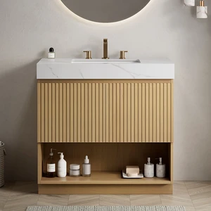 36 Inch Vanity and Sink, Freestanding Cabinet Carrara Sintered Stone Top and Ceramic Basin with Pre Drilled Faucet 36 Inch Vanity and Sink, Freestanding Cabinet Carrara Sintered Stone Top and Ceramic Basin with Pre Drilled Faucet