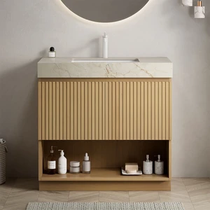 36 Inch Vanity and Sink, Freestanding Cabinet Vein Sintered Stone Top and Ceramic Basin with Pre Drilled Faucet Hole 36 Inch Vanity and Sink, Freestanding Cabinet Vein Sintered Stone Top and Ceramic Basin with Pre Drilled Faucet Hole