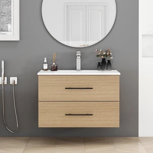 30 Inch Wall-Mounted Vanity with Sink Combo, Double Drawers Ceramic Sink Long Metal Handle Easy Installation, Natural 30 Inch Wall-Mounted Vanity with Sink Combo, Double Drawers Ceramic Sink Long Metal Handle Easy Installation, Natural