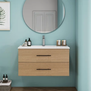 36 Inch Wall-Mounted Vanity with Sink Combo, Double Drawers Ceramic Sink Long Metal Handle Easy Installation, Natural 36 Inch Wall-Mounted Vanity with Sink Combo, Double Drawers Ceramic Sink Long Metal Handle Easy Installation, Natural