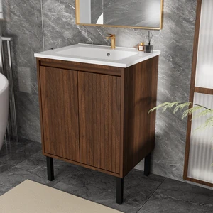 24 Inch Vanity Cabinet with Engineered Stone Sink Freestanding Fluted Vanity with Doors, Drain Faucet, Walnut, MDF 24 Inch Vanity Cabinet with Engineered Stone Sink Freestanding Fluted Vanity with Doors, Drain Faucet, Walnut, MDF