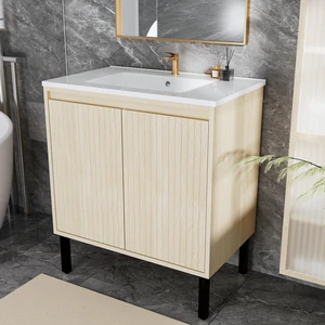 30 Inch Vanity Cabinet with Engineered Stone Sink Freestanding Fluted Vanity with Doors, Drain Faucet, Oak, MDF 30 Inch Vanity Cabinet with Engineered Stone Sink Freestanding Fluted Vanity with Doors, Drain Faucet, Oak, MDF