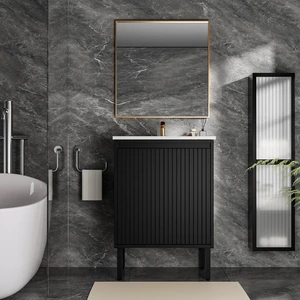 24 Inch Vanity Cabinet with Engineered Stone Sink Freestanding Fluted Vanity with Doors, Drain Faucet, Black, MDF 24 Inch Vanity Cabinet with Engineered Stone Sink Freestanding Fluted Vanity with Doors, Drain Faucet, Black, MDF