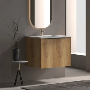 30 Inch Vanity Cabinet with Engineered Stone Sink Oak Wall Mounted Floating Vanity with Doors, Drain Faucet, Golden 30 Inch Vanity Cabinet with Engineered Stone Sink Oak Wall Mounted Floating Vanity with Doors, Drain Faucet, Golden