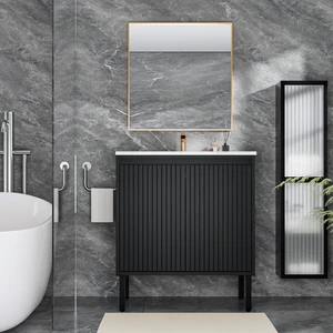 36 Inch Vanity Cabinet with Ceramic Sink Freestanding Fluted Vanity with Doors, Without Faucet and Drain, Matt Black 36 Inch Vanity Cabinet with Ceramic Sink Freestanding Fluted Vanity with Doors, Without Faucet and Drain, Matt Black