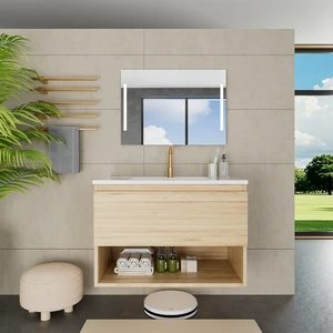 30 Inch Vanity Cabinet with Ceramic Sink Oak Wall Mounted Floating Vanity with Drawers, Without Faucet and Drain, MDF 30 Inch Vanity Cabinet with Ceramic Sink Oak Wall Mounted Floating Vanity with Drawers, Without Faucet and Drain, MDF