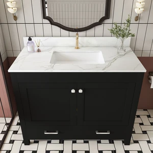 43 Inch Vanity Set with Artificial Marble Top, Fluted Cabinet with Soft Close Doors and Drawers MDF Board with Water 43 Inch Vanity Set with Artificial Marble Top, Fluted Cabinet with Soft Close Doors and Drawers MDF Board with Water