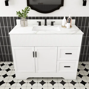 43 Inch Vanity Set with Artificial Karalakin Top, Fluted Cabinet with Soft Close Doors and Drawers MDF Board with Water 43 Inch Vanity Set with Artificial Karalakin Top, Fluted Cabinet with Soft Close Doors and Drawers MDF Board with Water