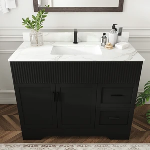 43 Inch Vanity Set with Artificial Karalakin Top, Fluted Cabinet with Soft Close Doors and Drawers MDF Board with Water 43 Inch Vanity Set with Artificial Karalakin Top, Fluted Cabinet with Soft Close Doors and Drawers MDF Board with Water