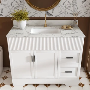 43 Inch Vanity Set with Artificial Marble Top, Fluted Cabinet with Soft Close Doors and Drawers MDF Board with Water 43 Inch Vanity Set with Artificial Marble Top, Fluted Cabinet with Soft Close Doors and Drawers MDF Board with Water