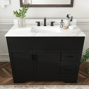 43 Inch Vanity Set with Artificial Karalakin Top, Fluted Cabinet with Soft Close Doors and Drawers MDF Board with Water 43 Inch Vanity Set with Artificial Karalakin Top, Fluted Cabinet with Soft Close Doors and Drawers MDF Board with Water