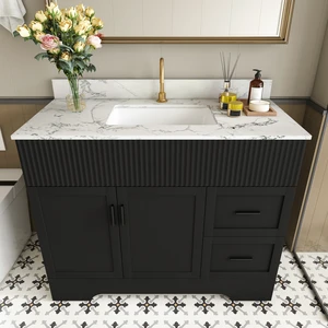 43 Inch Vanity Set with Artificial Marble Top, Fluted Cabinet with Soft Close Doors and Drawers MDF Board with Water 43 Inch Vanity Set with Artificial Marble Top, Fluted Cabinet with Soft Close Doors and Drawers MDF Board with Water