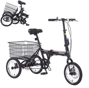 Folding Tricycle for Adults, 14 Inch 3 Wheel Bikes for Adults with Basket Pre Assembled Collapsible Steel Frame Folding Tricycle for Adults, 14 Inch 3 Wheel Bikes for Adults with Basket Pre Assembled Collapsible Steel Frame