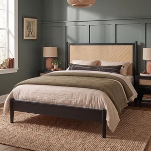 Queen Size Platform Bed Frame with Rattan Headboard, Wicker Bed with Wooden Slats Support Coastal Box Spring Needed Queen Size Platform Bed Frame with Rattan Headboard, Wicker Bed with Wooden Slats Support Coastal Box Spring Needed