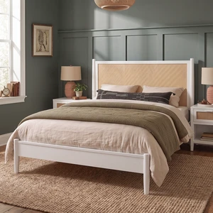 King Size Platform Bed Frame with Rattan Headboard, Wicker Bed with Wooden Slats Support Coastal Box Spring Needed King Size Platform Bed Frame with Rattan Headboard, Wicker Bed with Wooden Slats Support Coastal Box Spring Needed