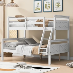 Twin Over Full Bunk Bed with Ladder, Safety Guardrail, White, Pine, Beds Frames Bases Twin Over Full Bunk Bed with Ladder, Safety Guardrail, White, Pine, Beds Frames Bases