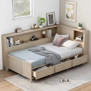 Twin Size Daybed with Storage Shelves and 3 Drawers, Milk, Antique White, Solid Wood and MDF, Beds Frames Bases Twin Size Daybed with Storage Shelves and 3 Drawers, Milk, Antique White, Solid Wood and MDF, Beds Frames Bases