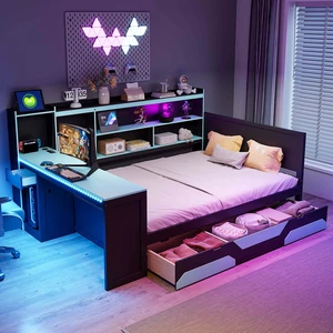 Full Size Gaming Daybed with Integrated Desk and Lights, Wooden Bed Frame with Storage Drawers and Built in Charging Full Size Gaming Daybed with Integrated Desk and Lights, Wooden Bed Frame with Storage Drawers and Built in Charging