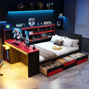 Full Size Gaming Daybed with Integrated Desk and Lights, Wooden Bed Frame with Storage Drawers and Built in Charging Full Size Gaming Daybed with Integrated Desk and Lights, Wooden Bed Frame with Storage Drawers and Built in Charging