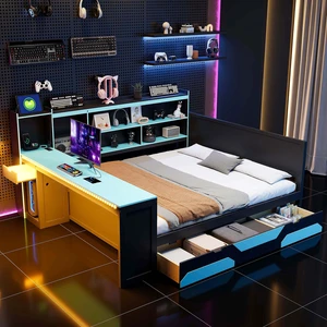 Queen Size Gaming Daybed with Integrated Desk and Lights, Wooden Bed Frame with Storage Drawers and Built in Charging Queen Size Gaming Daybed with Integrated Desk and Lights, Wooden Bed Frame with Storage Drawers and Built in Charging