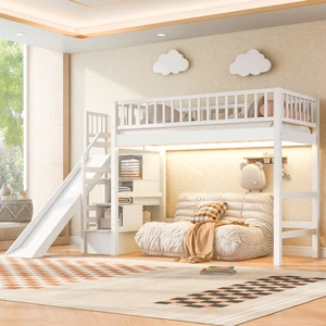 Twin Size Loft Bed with Storage Staircase, Slide and LED, White, Pine, Beds Frames Bases Twin Size Loft Bed with Storage Staircase, Slide and LED, White, Pine, Beds Frames Bases