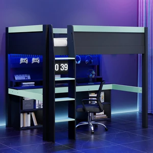 Full Size Loft Bed with Color LED Lights, Hanging Pegboard and Built in Gaming Desk Storage, Black Blue, Solid Wood Full Size Loft Bed with Color LED Lights, Hanging Pegboard and Built in Gaming Desk Storage, Black Blue, Solid Wood
