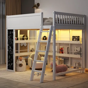 Full Size Loft Bed with LED, Chalkboard Panel and Book Shelves, White, Solid Wood and MDF, Beds Frames Bases Full Size Loft Bed with LED, Chalkboard Panel and Book Shelves, White, Solid Wood and MDF, Beds Frames Bases
