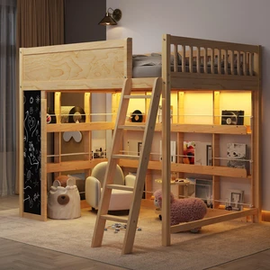 Full Size Loft Bed with LED, Chalkboard Panel and Book Shelves, Natural, Solid Wood and MDF, Beds Frames Bases Full Size Loft Bed with LED, Chalkboard Panel and Book Shelves, Natural, Solid Wood and MDF, Beds Frames Bases
