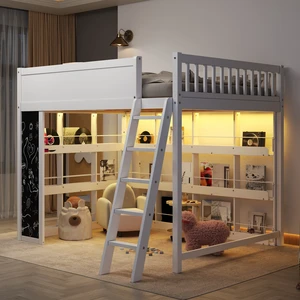 Queen Size Loft Bed with LED, Chalkboard Panel and Book Shelves, White, Solid Wood and MDF, Beds Frames Bases Queen Size Loft Bed with LED, Chalkboard Panel and Book Shelves, White, Solid Wood and MDF, Beds Frames Bases