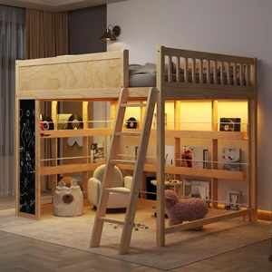Queen Size Loft Bed with LED, Chalkboard Panel and Book Shelves, Natural, Solid Wood and MDF, Beds Frames Bases Queen Size Loft Bed with LED, Chalkboard Panel and Book Shelves, Natural, Solid Wood and MDF, Beds Frames Bases