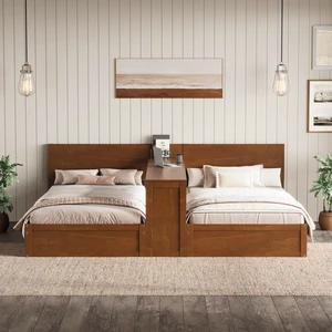 Twin Platform Bed Frame Set with Adjustable Storage Desk, Twin Beds with Flexible Shelf Placement Left Center Right Twin Platform Bed Frame Set with Adjustable Storage Desk, Twin Beds with Flexible Shelf Placement Left Center Right