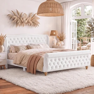 King Size Velvet Upholstered Bed Frame, Button Tufted Sleigh Platform Bed Frame with Curved Headboard and Footboard King Size Velvet Upholstered Bed Frame, Button Tufted Sleigh Platform Bed Frame with Curved Headboard and Footboard