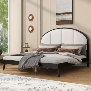 Queen Size Upholstered Platform Bed Frame with Linen Headboard, Black, Solid Wood, Beds Frames Bases Queen Size Upholstered Platform Bed Frame with Linen Headboard, Black, Solid Wood, Beds Frames Bases