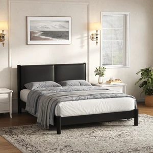 Wooden Platform Bed with Leather Headboard, Queen, Black, PU, Beds Frames Bases Wooden Platform Bed with Leather Headboard, Queen, Black, PU, Beds Frames Bases