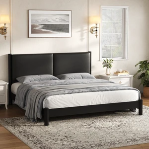 Wooden Platform Bed with Leather Headboard, King, Black, PU, Beds Frames Bases Wooden Platform Bed with Leather Headboard, King, Black, PU, Beds Frames Bases
