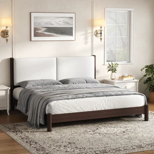 Wooden Platform Bed with Leather Headboard, King, Espresso, PU, Beds Frames Bases Wooden Platform Bed with Leather Headboard, King, Espresso, PU, Beds Frames Bases