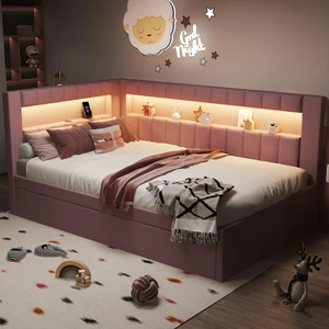 Upholstered Twin Size Platform Bed with USB Ports and LED Belt, Trundle Old SKU, Pink, Wood, Beds Frames Bases Upholstered Twin Size Platform Bed with USB Ports and LED Belt, Trundle Old SKU, Pink, Wood, Beds Frames Bases