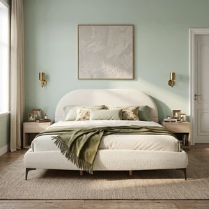 Bouclé Upholstered Bed Frame, Queen Size Platform Bed with Curved Headboard 41 Inch High Padded Noise Slat Support Box Bouclé Upholstered Bed Frame, Queen Size Platform Bed with Curved Headboard 41 Inch High Padded Noise Slat Support Box