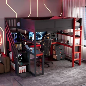 Full Size Wooden Gaming Loft Bed with Storage Stairs, Desk Shelves and Pegboard, Black Red, Wood, Beds Frames Bases Full Size Wooden Gaming Loft Bed with Storage Stairs, Desk Shelves and Pegboard, Black Red, Wood, Beds Frames Bases