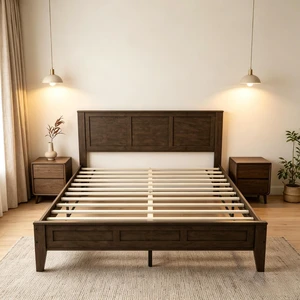 Mid-Century Queen Bed Frame, Toned Platform Bed Featuring Headboard Footboard and Convenient Under Storage for Decor Mid-Century Queen Bed Frame, Toned Platform Bed Featuring Headboard Footboard and Convenient Under Storage for Decor