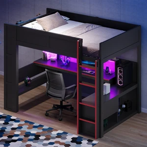 Full Size Gaming Loft Bed with Desk, Storage Shelves LED and Charging Station, Red Black, MDF and Wood, Beds Frames Full Size Gaming Loft Bed with Desk, Storage Shelves LED and Charging Station, Red Black, MDF and Wood, Beds Frames