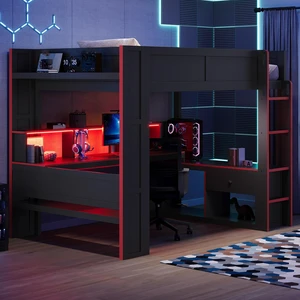Twin Size Gaming Loft Bed with Desk, Storage Shelves LED and Charging Station, Red Black, MDF and Wood, Beds Frames Twin Size Gaming Loft Bed with Desk, Storage Shelves LED and Charging Station, Red Black, MDF and Wood, Beds Frames