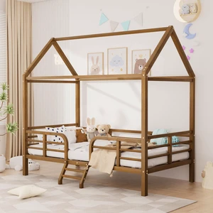 Twin Size Bed Frame, Metal Platform Bed with Roof Guardrails and Ladder Wood Grain Printed Steel Frame Underbed Twin Size Bed Frame, Metal Platform Bed with Roof Guardrails and Ladder Wood Grain Printed Steel Frame Underbed