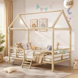 Twin Size Bed Frame, Metal Platform Bed with Roof Guardrails and Ladder Wood Grain Printed Steel Frame Underbed Twin Size Bed Frame, Metal Platform Bed with Roof Guardrails and Ladder Wood Grain Printed Steel Frame Underbed
